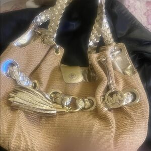 Michael Kors Tan and Gold Woven Shoulder Bag